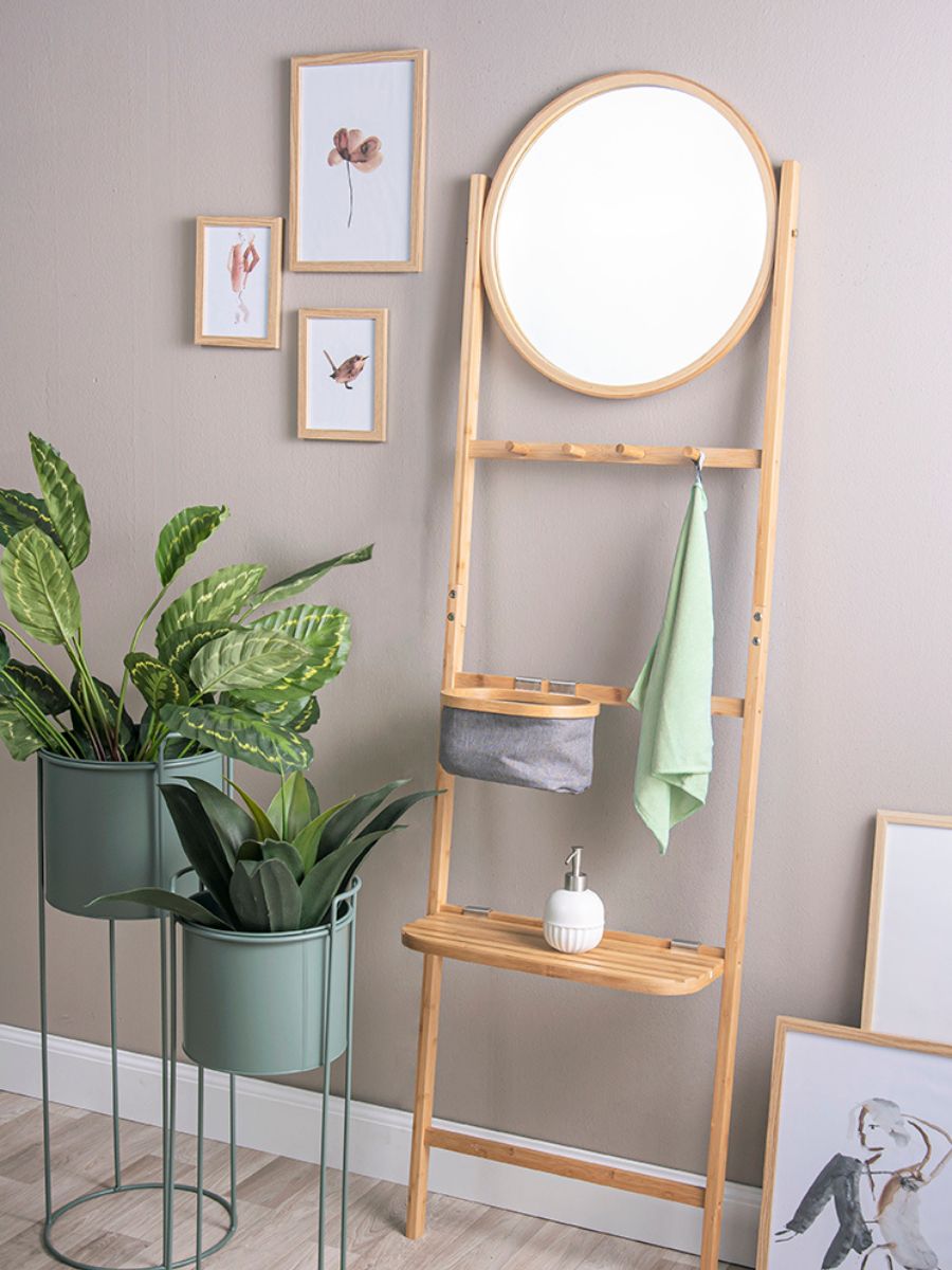 Wall Rack Bamboo with Round Mirror-EMOH® ATELIER